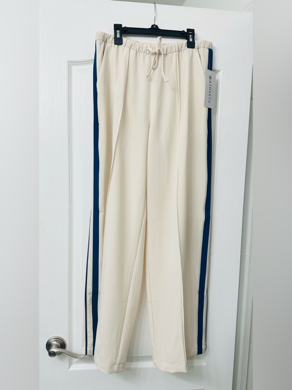 Athleta Cream Wide-Leg Track Pants with Navy Side Stripe